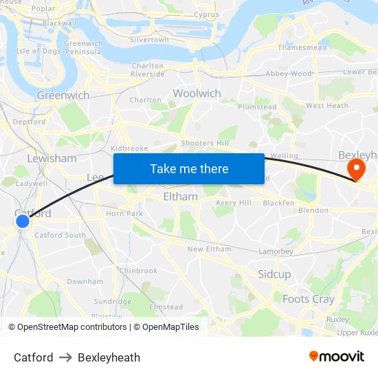 Catford to Bexleyheath map