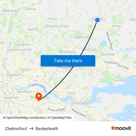 Chelmsford to Bexleyheath map