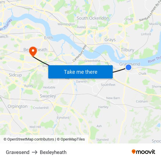 Gravesend to Bexleyheath map