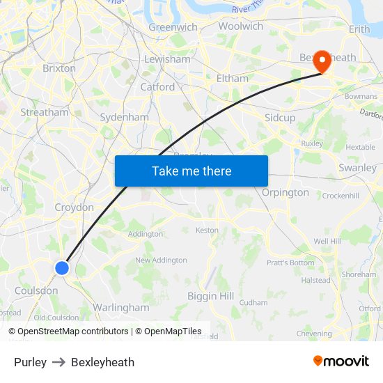 Purley to Bexleyheath map