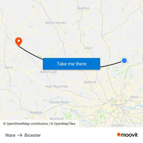 Ware to Bicester map