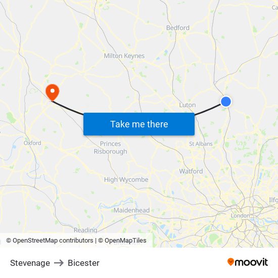 Stevenage to Bicester map