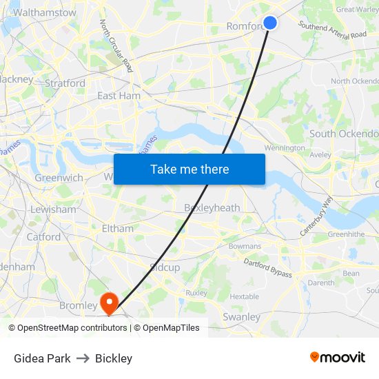 Gidea Park to Bickley map