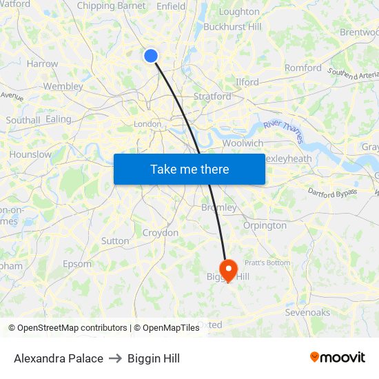 Alexandra Palace to Biggin Hill map