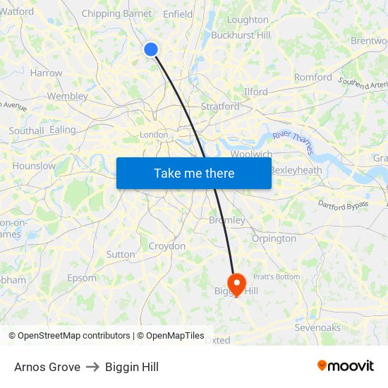 Arnos Grove to Biggin Hill map