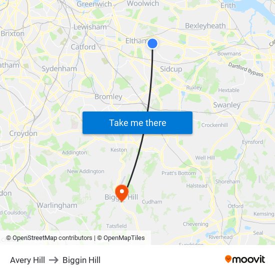 Avery Hill to Biggin Hill map