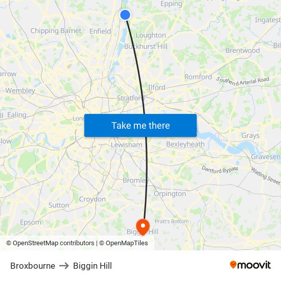 Broxbourne to Biggin Hill map