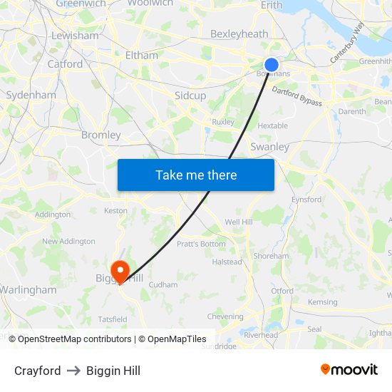 Crayford to Biggin Hill map