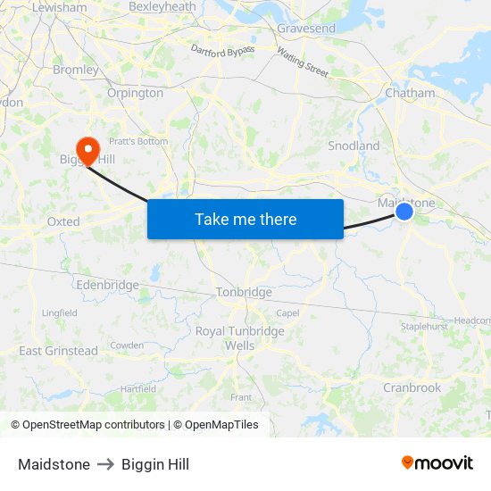 Maidstone to Biggin Hill map