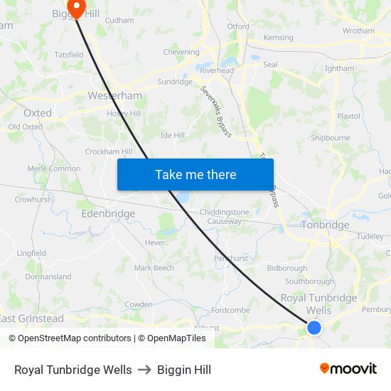 Royal Tunbridge Wells to Biggin Hill map