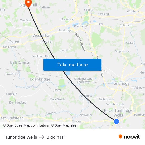 Tunbridge Wells to Biggin Hill map