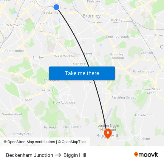 Beckenham Junction to Biggin Hill map