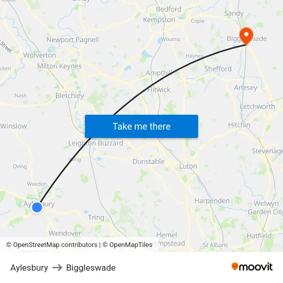 Aylesbury to Biggleswade map