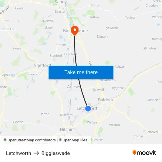 Letchworth to Biggleswade map