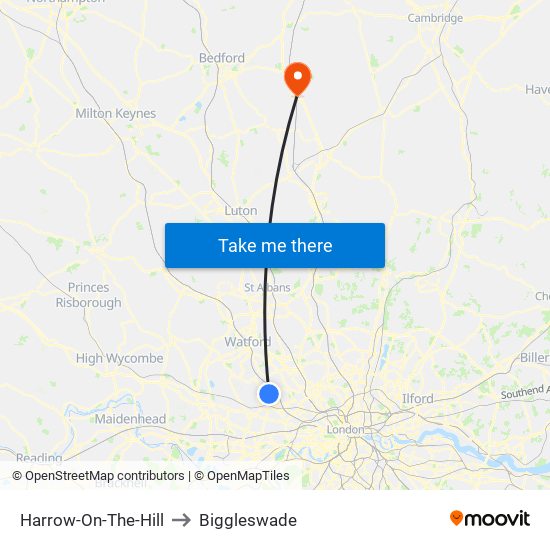 Harrow-On-The-Hill to Biggleswade map