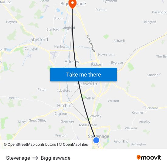 Stevenage to Biggleswade map