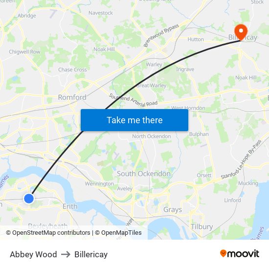 Abbey Wood to Billericay map