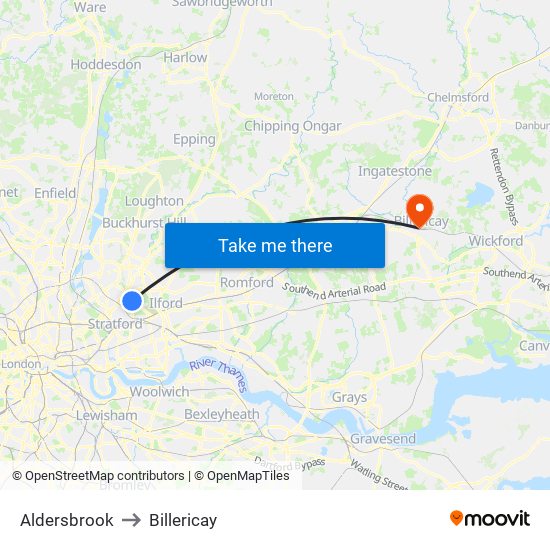 Aldersbrook to Billericay map