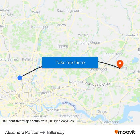 Alexandra Palace to Billericay map
