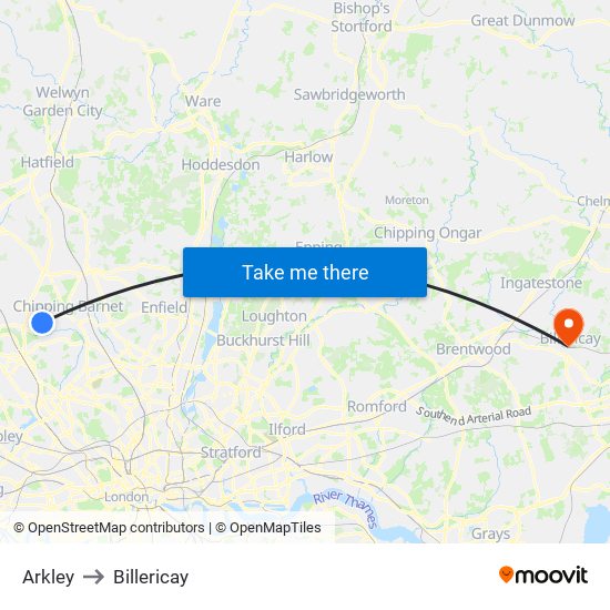 Arkley to Billericay map