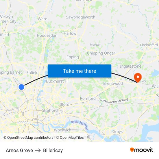 Arnos Grove to Billericay map