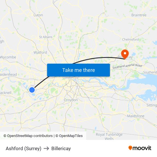 Ashford (Surrey) to Billericay map