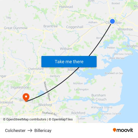 Colchester to Billericay map