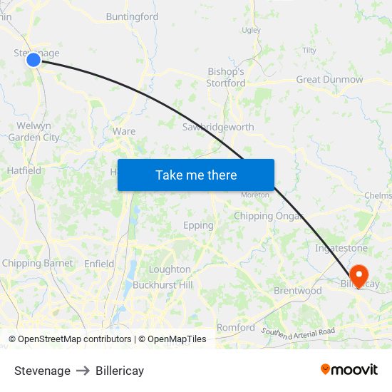 Stevenage to Billericay map