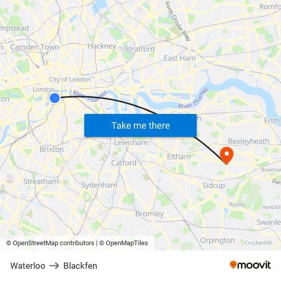 Waterloo to Blackfen map