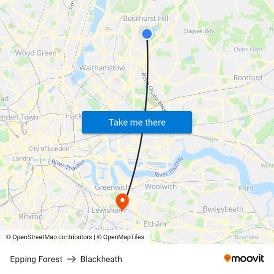 Epping Forest to Blackheath map