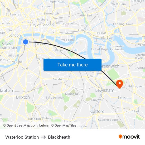 Waterloo Station to Blackheath map