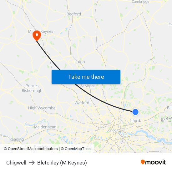 Chigwell to Bletchley (M Keynes) map