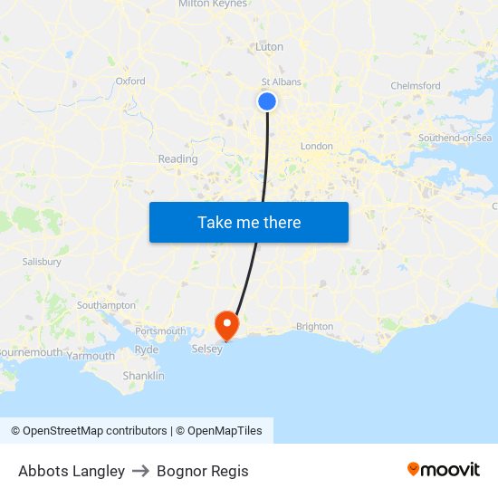 Abbots Langley to Bognor Regis map
