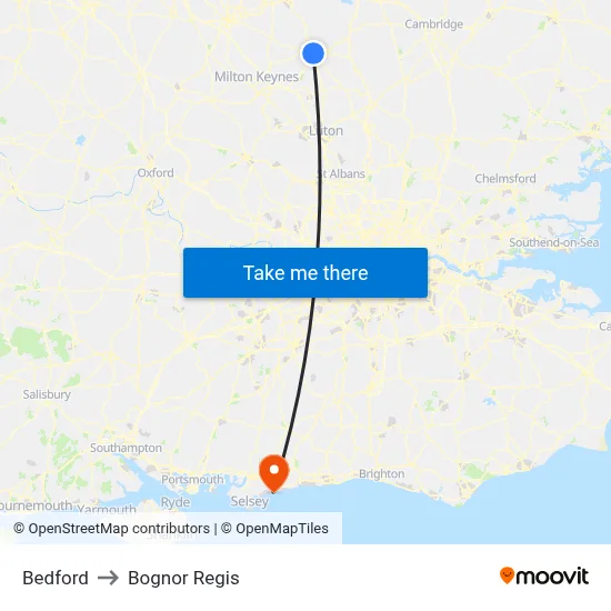 Bedford to Bognor Regis map