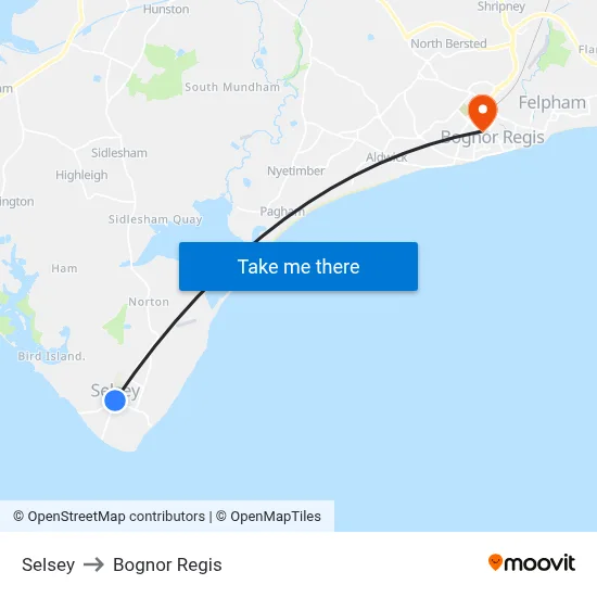 Selsey to Bognor Regis map