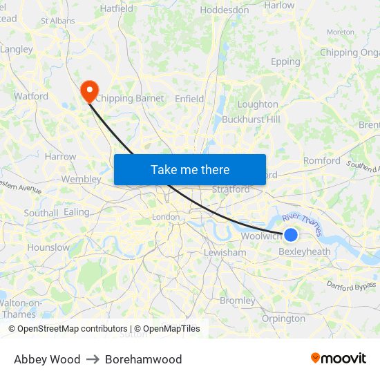 Abbey Wood to Borehamwood map