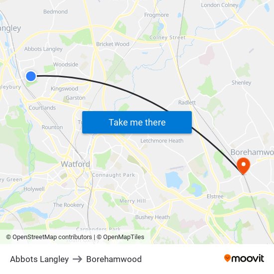 Abbots Langley to Borehamwood map