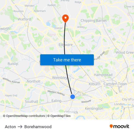 Acton to Borehamwood map