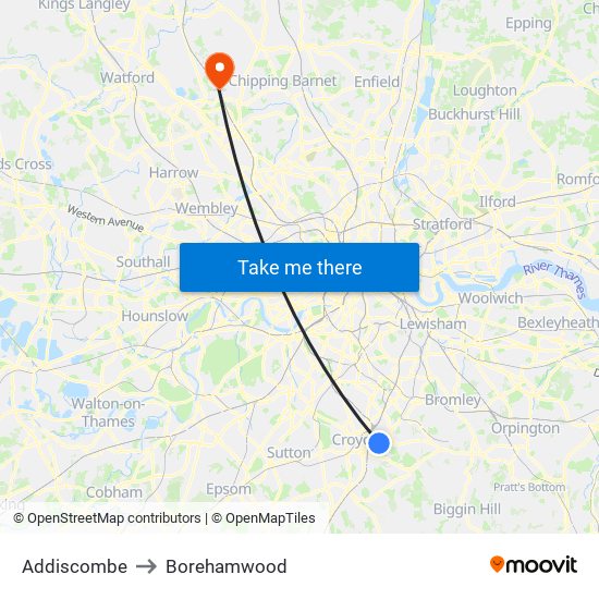 Addiscombe to Borehamwood map