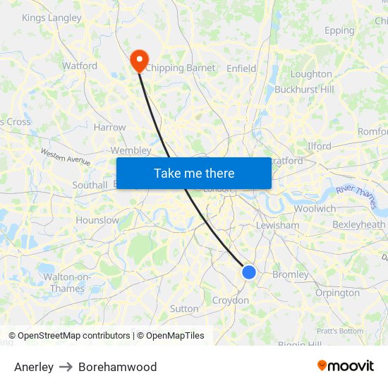 Anerley to Borehamwood map