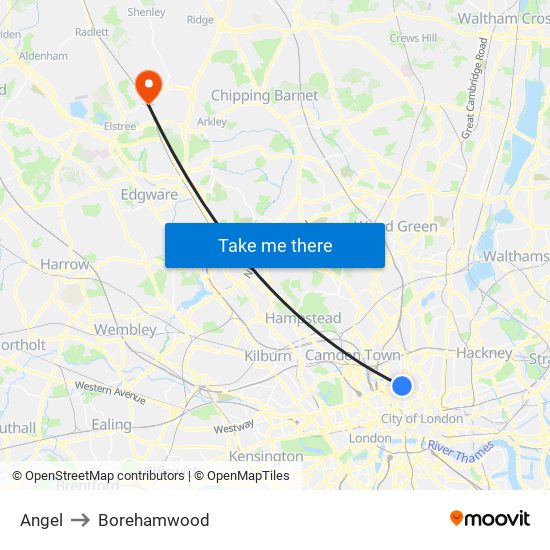 Angel to Borehamwood map