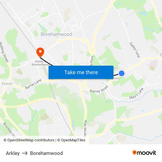 Arkley to Borehamwood map
