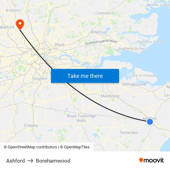 Ashford to Borehamwood map