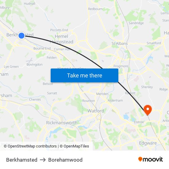 Berkhamsted to Borehamwood map