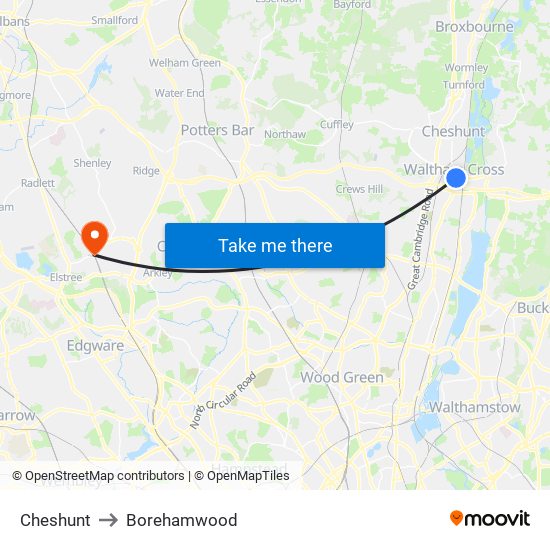 Cheshunt to Borehamwood map