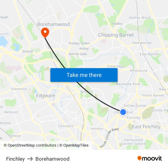 Finchley to Borehamwood map