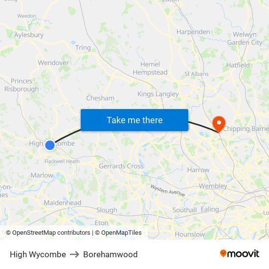 High Wycombe to Borehamwood map