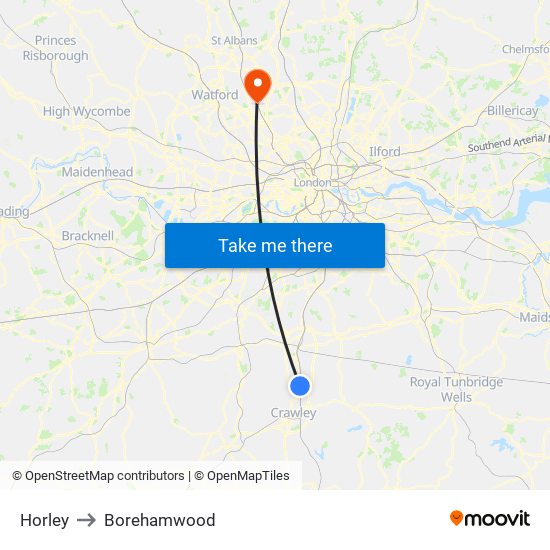 Horley to Borehamwood map