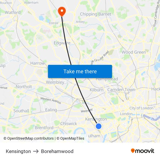 Kensington to Borehamwood map