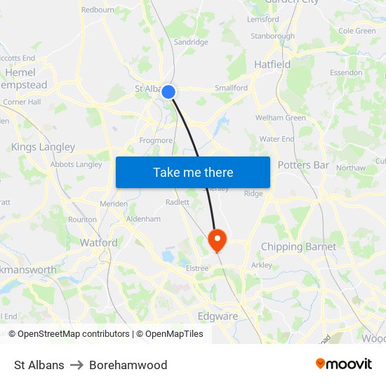 St Albans to Borehamwood map